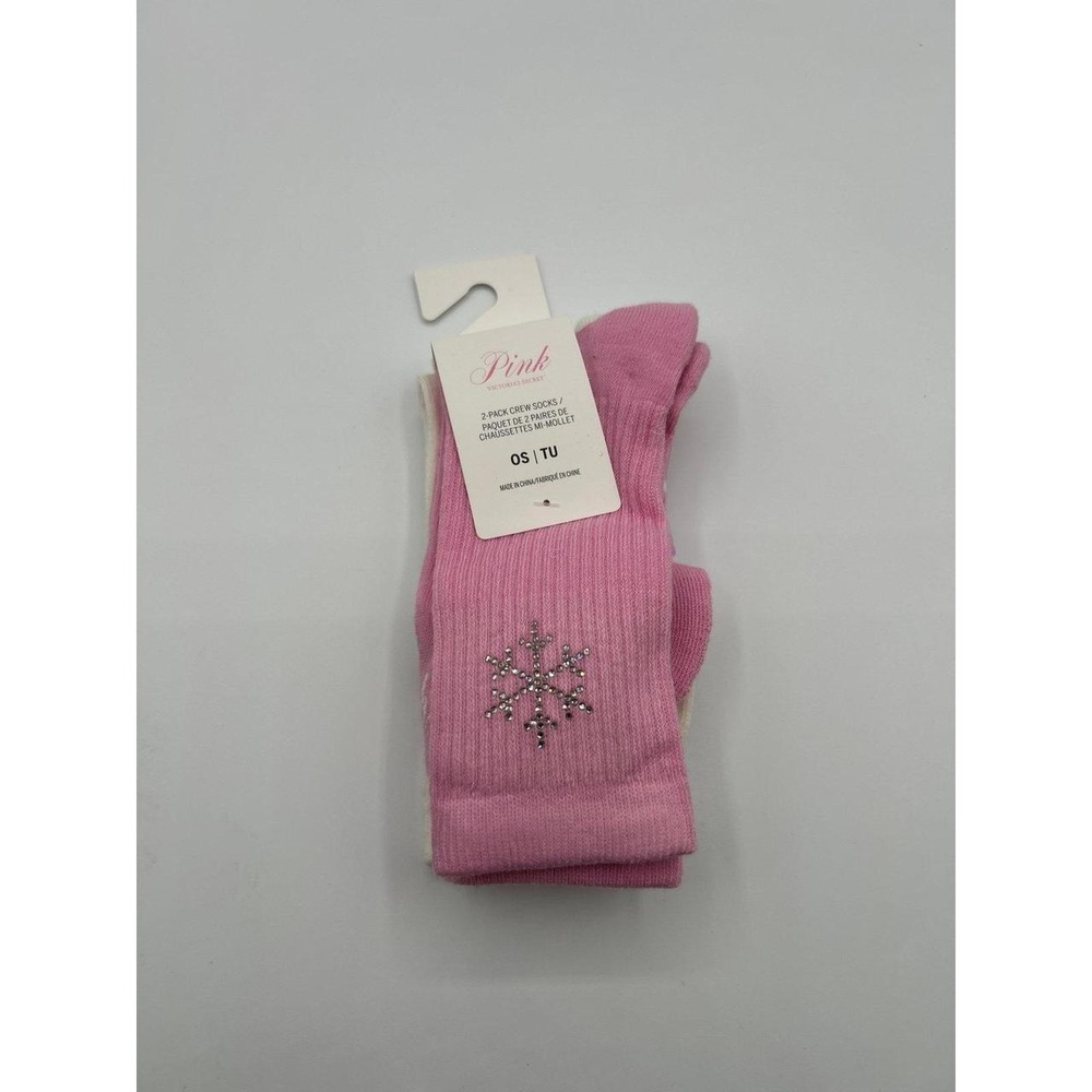 PINK Victoria's Secret 2-Pack Crew Socks Pink Snowflake Rhinestone Fair Isle NWT